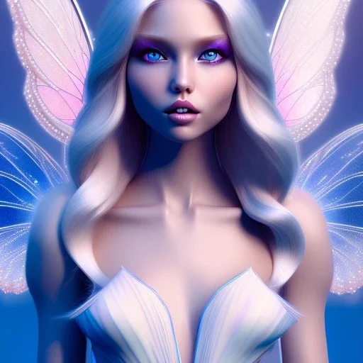  beautiful, soft, whide smile face, long blonde straight hair, blue eyes, fairy wings on the back, transparent crystal blue and pink background, big definition, 8K