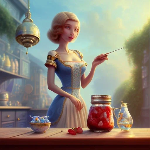 pixar style, realistic painting of a pretty housewife and a jar full with strawberry jam, kitchen in the background volumetric redand blue sky environment and background, volumetric lighting, dramatic lighting, detailed digital painting, extreme dense and fine, anime, ornate, colour-washed colors, elegant, small minutiae, tiny features, particulars, centered, smooth, sharp focus, renderman gofur render, 8k, uhd, detailed eyes, realistic shaded volumetric lighting, caustics, backlight