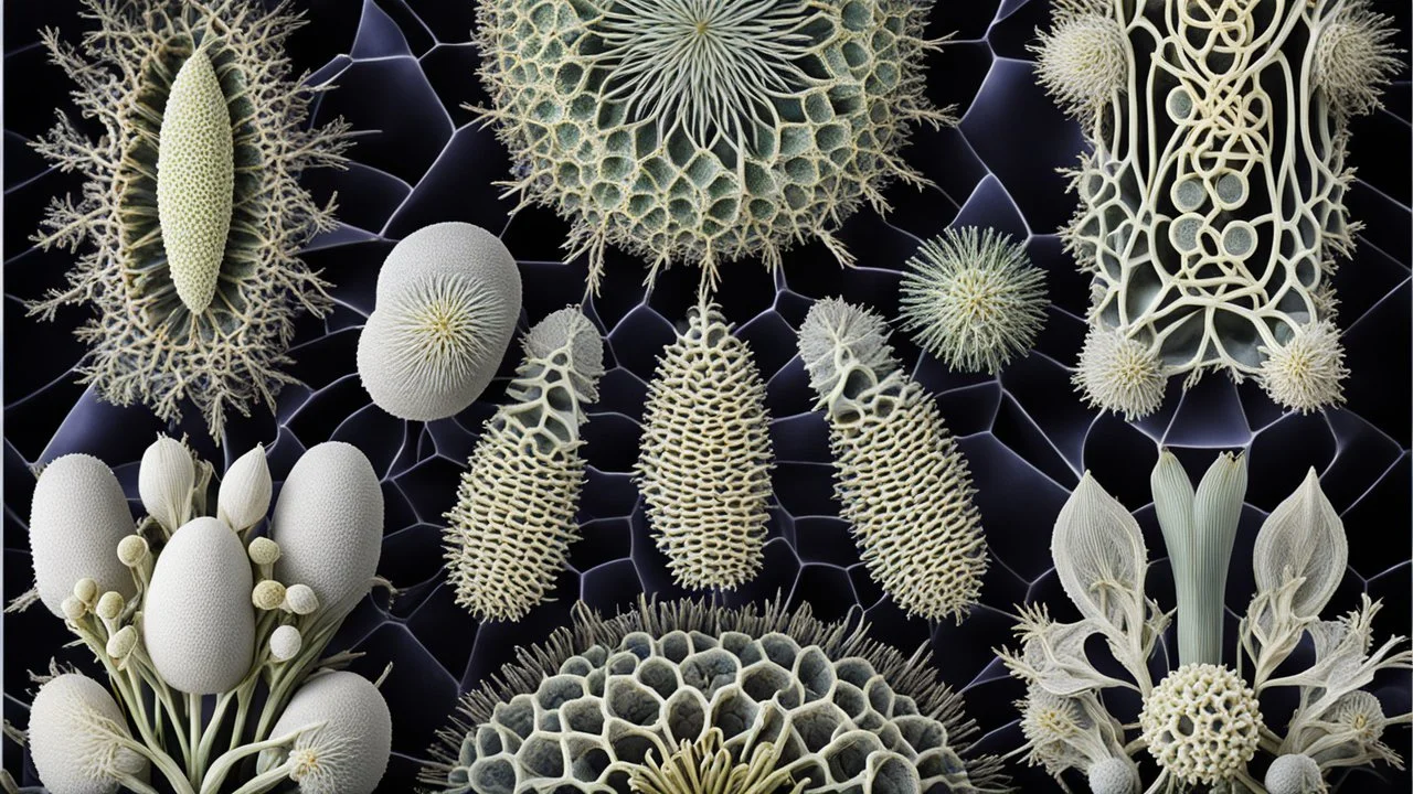 Exotic microscopic organisms, coloured, perfect geometric designs, amazing detail, beautiful composition, award-winning photograph, astonishing realism, 28mm lens, adjust perspective