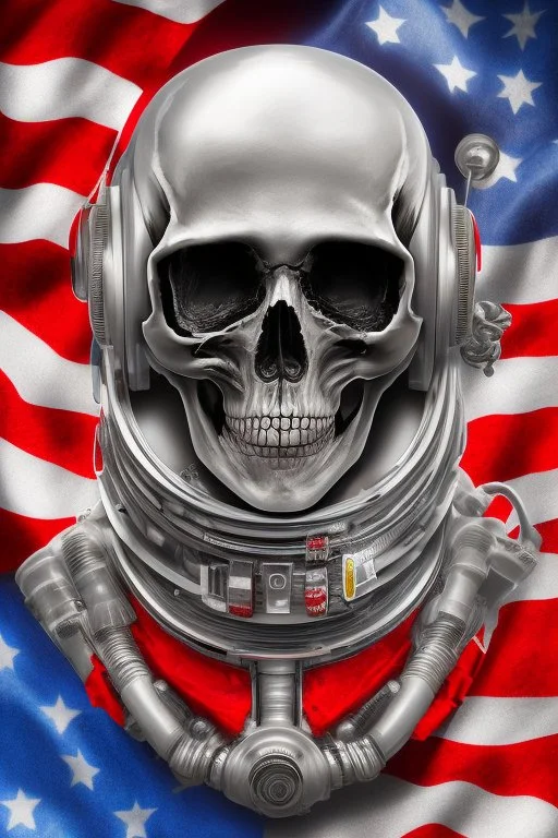 A close up of a skeleton face looking at the camera from a mysterious side view. Deep bony features and inside the hollow eyes are red shining lights, scary. Dressed in an astronaut suit floating in space. On his suit is an American flag and in his one hand is a small wavering American hand flag. From the back of his suit is blowing out blue, white and red smoke. Realistic, 8k, highly detailed, funny