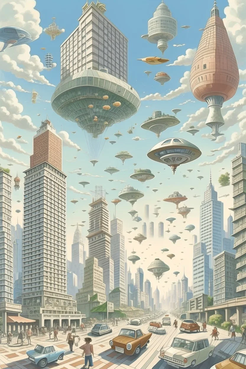 a futeristic city with flying cars and humans walking on air and lifts magicaly going up and down and skyscrapers