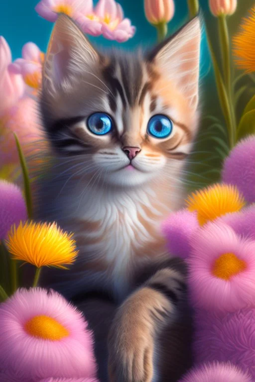 extremely cute kitten-like creature with strange flowers Hyper realistic eyes, oil on canvas award winning fantastic view ultra detailed acrylic art Ultra realistic Impressionism Surrealism simen johan, sharp focus intricate oil on canvas cinematic lighting photorealistic high detail ultra detailed crisp quality colourful in sunshine