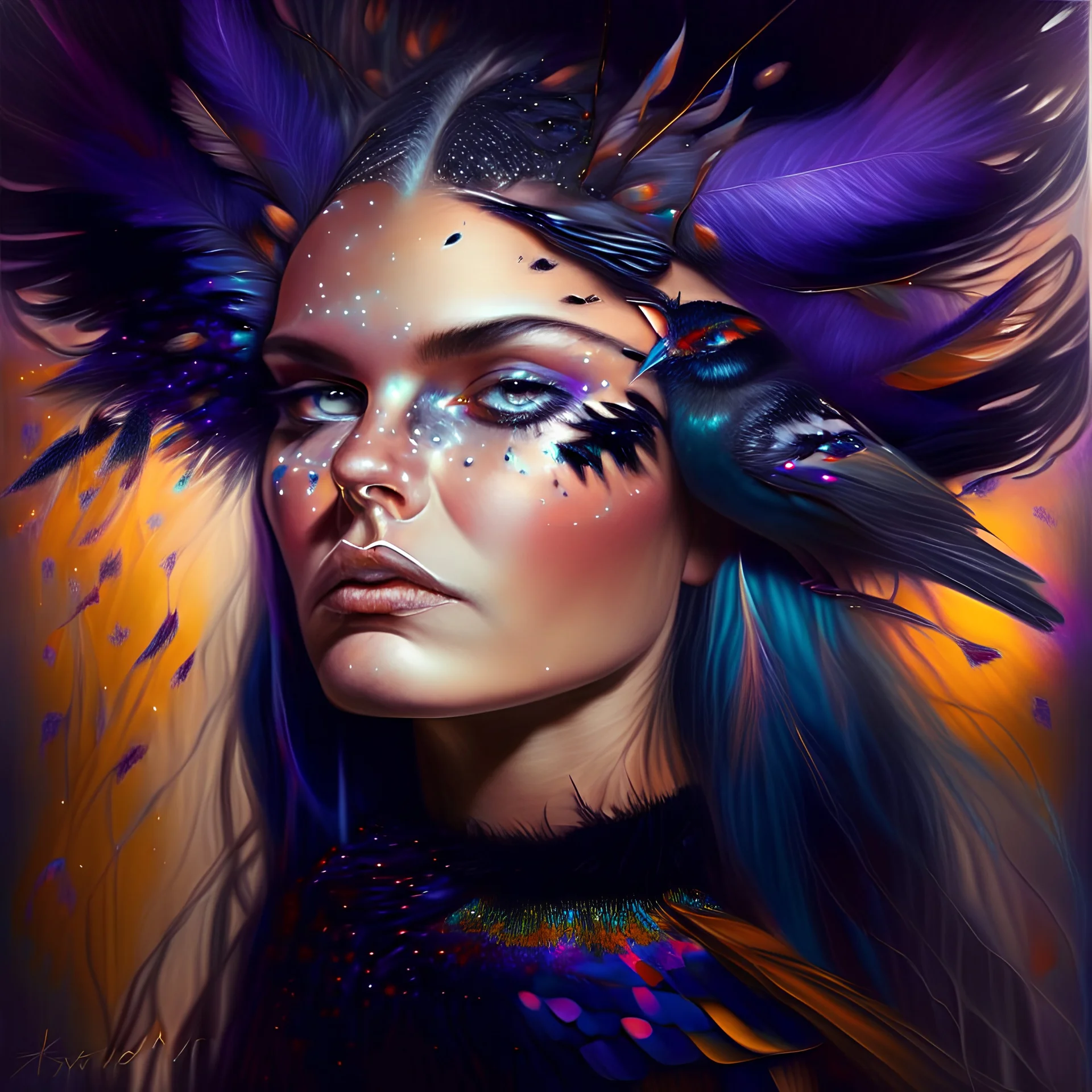 #Leonardai Starling , photorealistic ,pop surreal , lowbrow art ,enchanting portrait of a beautiful mature woman,representing a starling , feathers in her hair ,black and vibrant colors , sweet , magical , cosy warm light , whimsical, alluring , dazzling ,, expressive