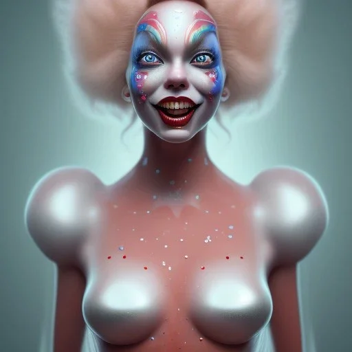 Ultra detailed very beautiful smileing cute clown girl,beautiful real skin, red nose, shallow of dept 3d, symmetrical, ultra detailed curl hair, ambient lighting, ultra detailed face, concept art, circus,party, digital painting, octane render, art by artstation