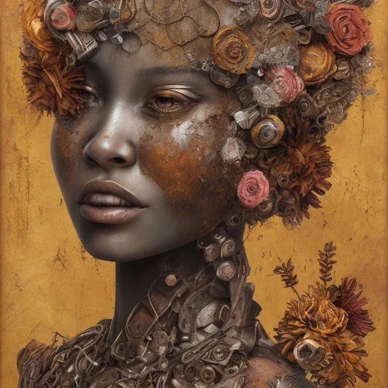 an abstract painting of rusted metal and flowers, african portrait, rust, scaffolding, iron cladding, decay, mixed media, textured, anatomically correct, beautiful perfect face, sharp focus, highly detailed