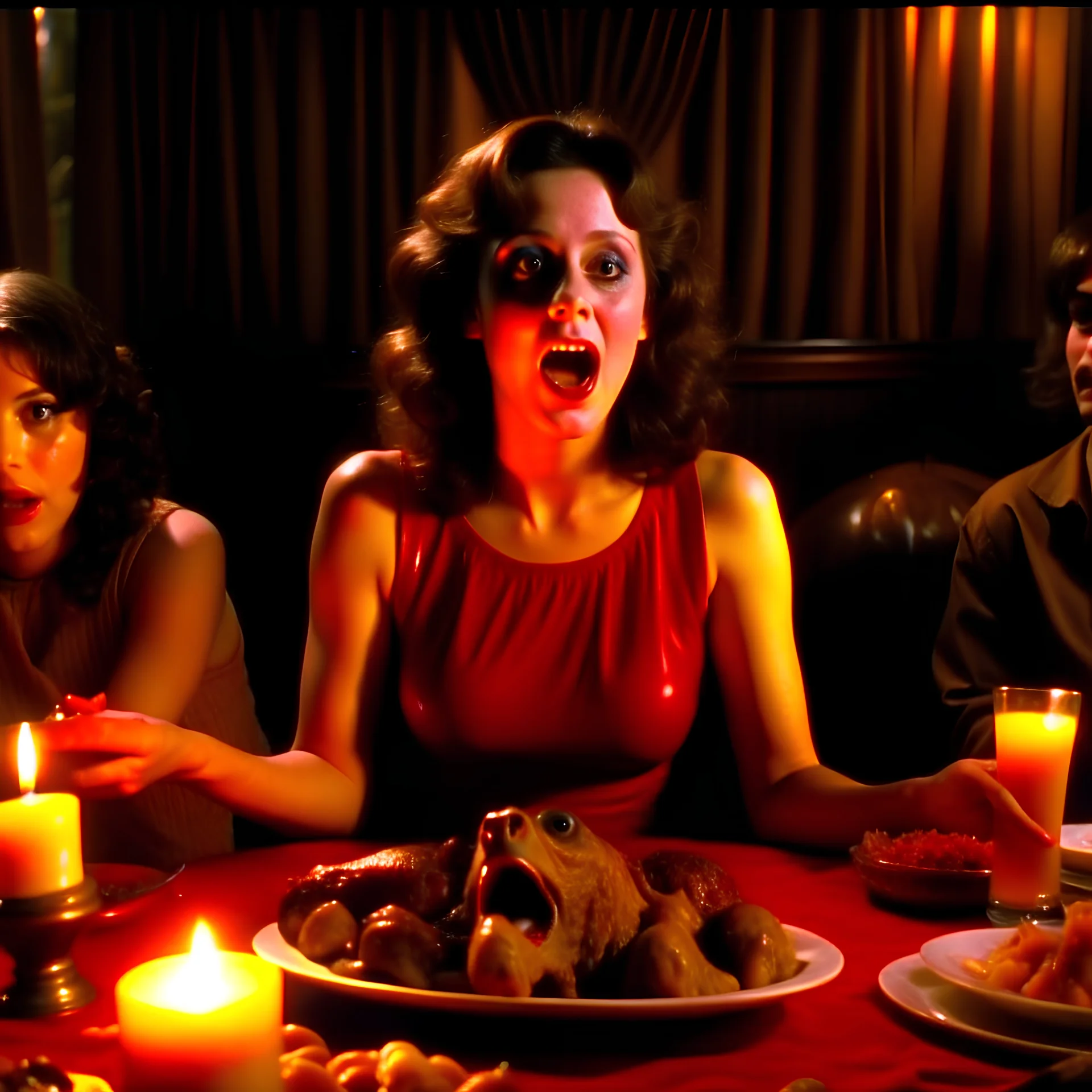 Spooky, ultra realistic, distress, dining, ultra realistic hot woman, pieces of meat, creepy, woman, organic, ail, dynamic, excited and lively scene, hot women, hypermaximalist figures, stb, Creepy, Alfred Hitchcock, Sam Raimi, sinister, John Carpenter, Dario Argento, ornate