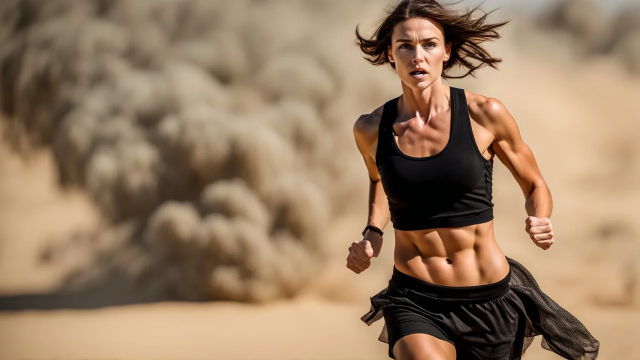 beautiful slender caucasian female technician, black tank top, angry, running, well toned muscles, weathered face, scratched sand camo metal details, short brunette wavy bob haircut, dystopian, desert scene with smoke and explosions,