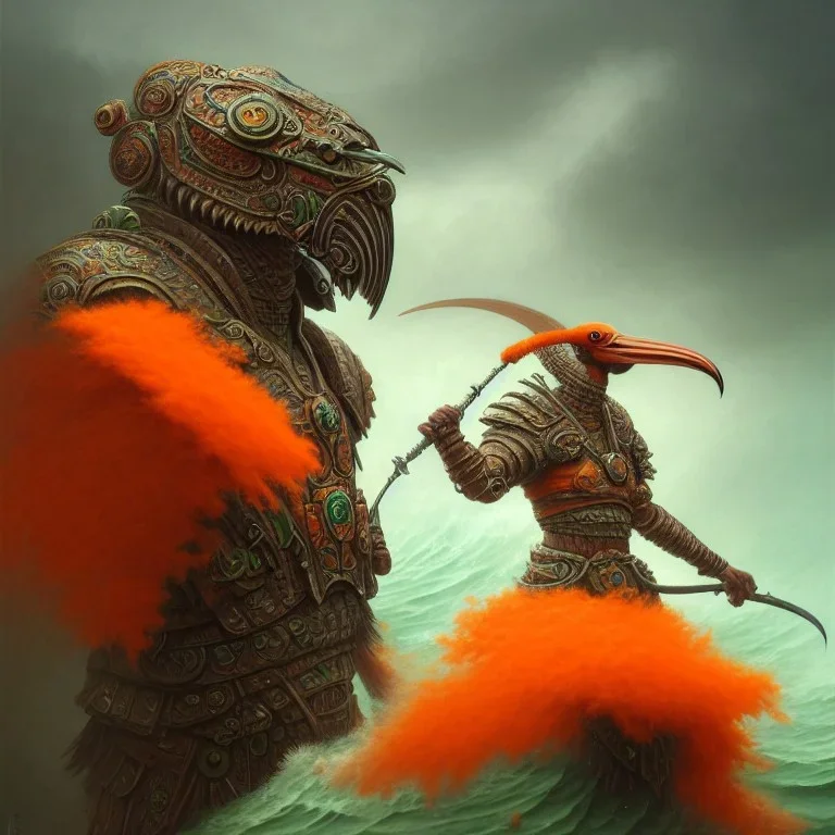 an ibis warrior in orange and green full battle armor, a highly detailed illustration, background of giant crashing ocean waves, realistic render, 8 k, micro detail, intricate, elegant, centered, digital painting, Artstation, smooth, sharp focus, illustration, artgerm, tomasz alen kopera, peter mohrbacher, donato giancola, joseph christian leyendecker, wlop, boris vallejo