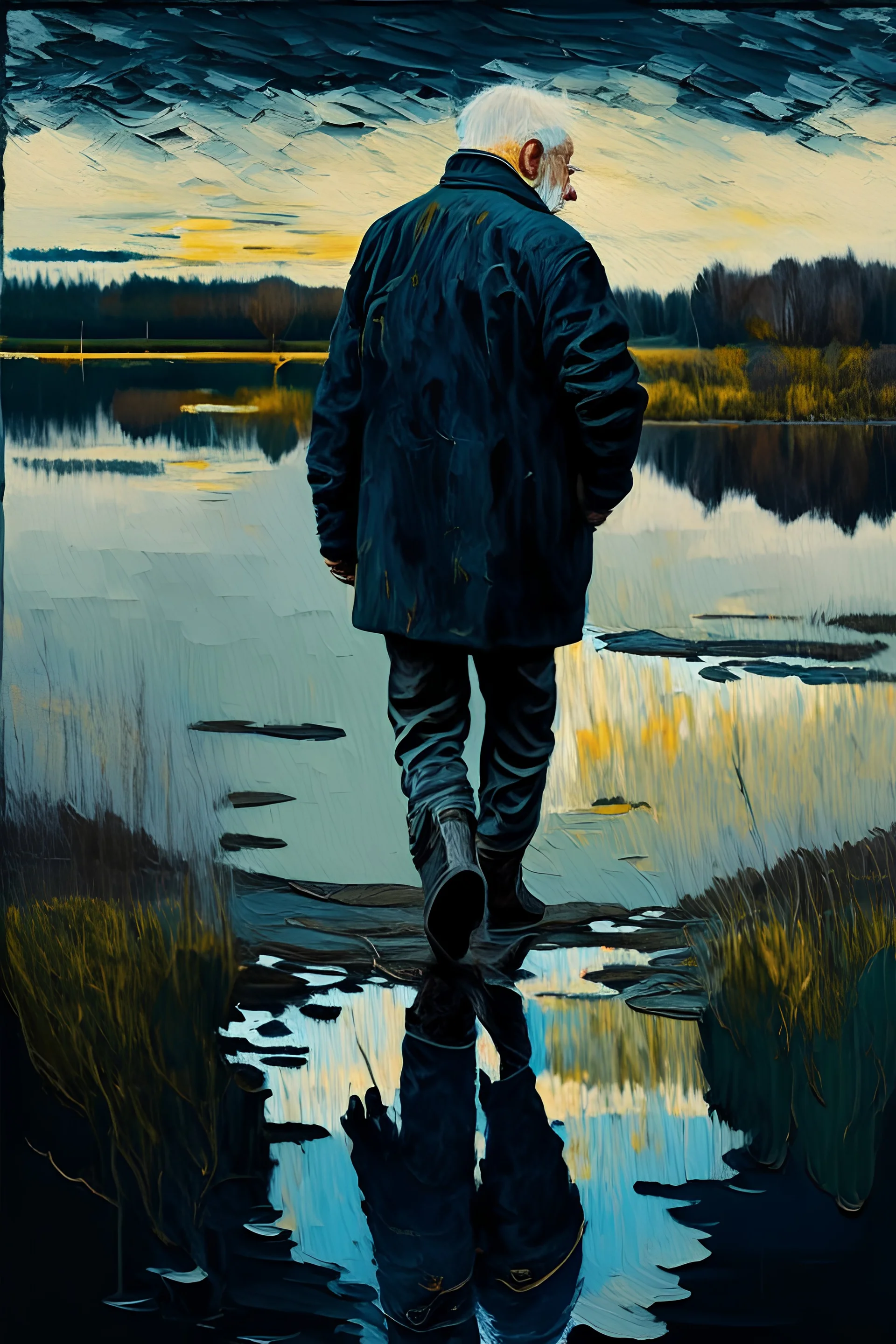 an old man in a bomber jacket black pants and lace up boots walks along the edge of a lake in the style of Vincent Van Gogh