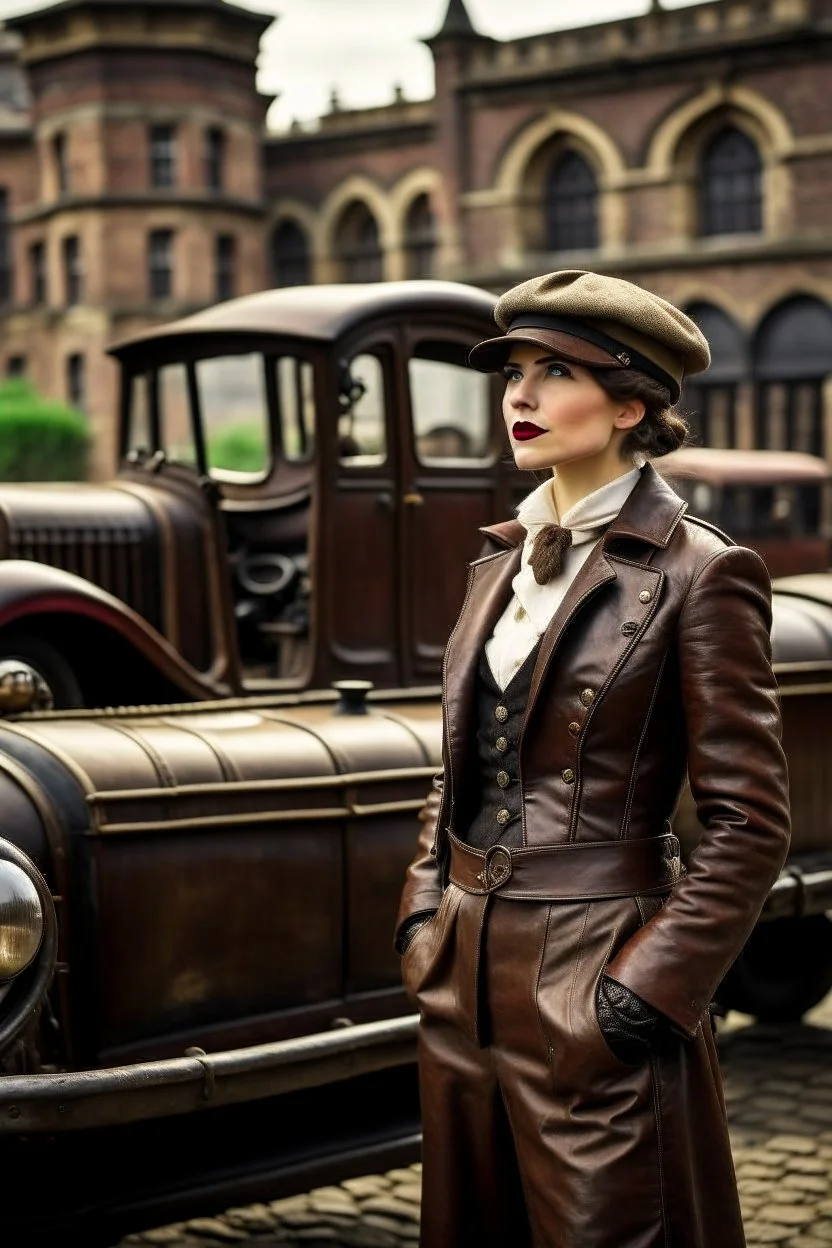 young woman with straight shoulder-length hair, dressed in brown leather trousers and waistcoat, leather gloves and a fascinator in an old industrial courtyard, next to a steampunk steam car on a summers day