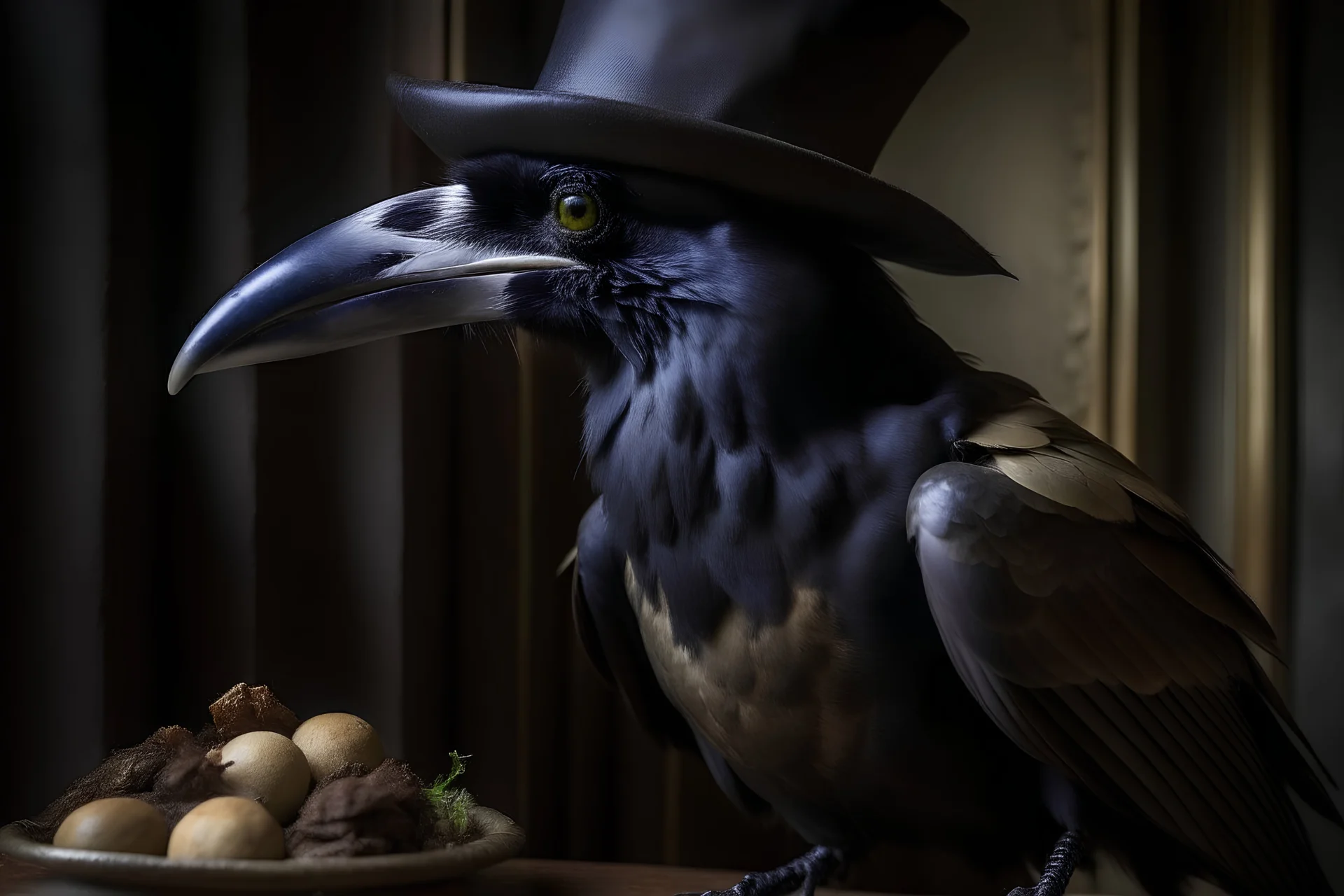 crow portrait in victorian clothes and eating chocolates