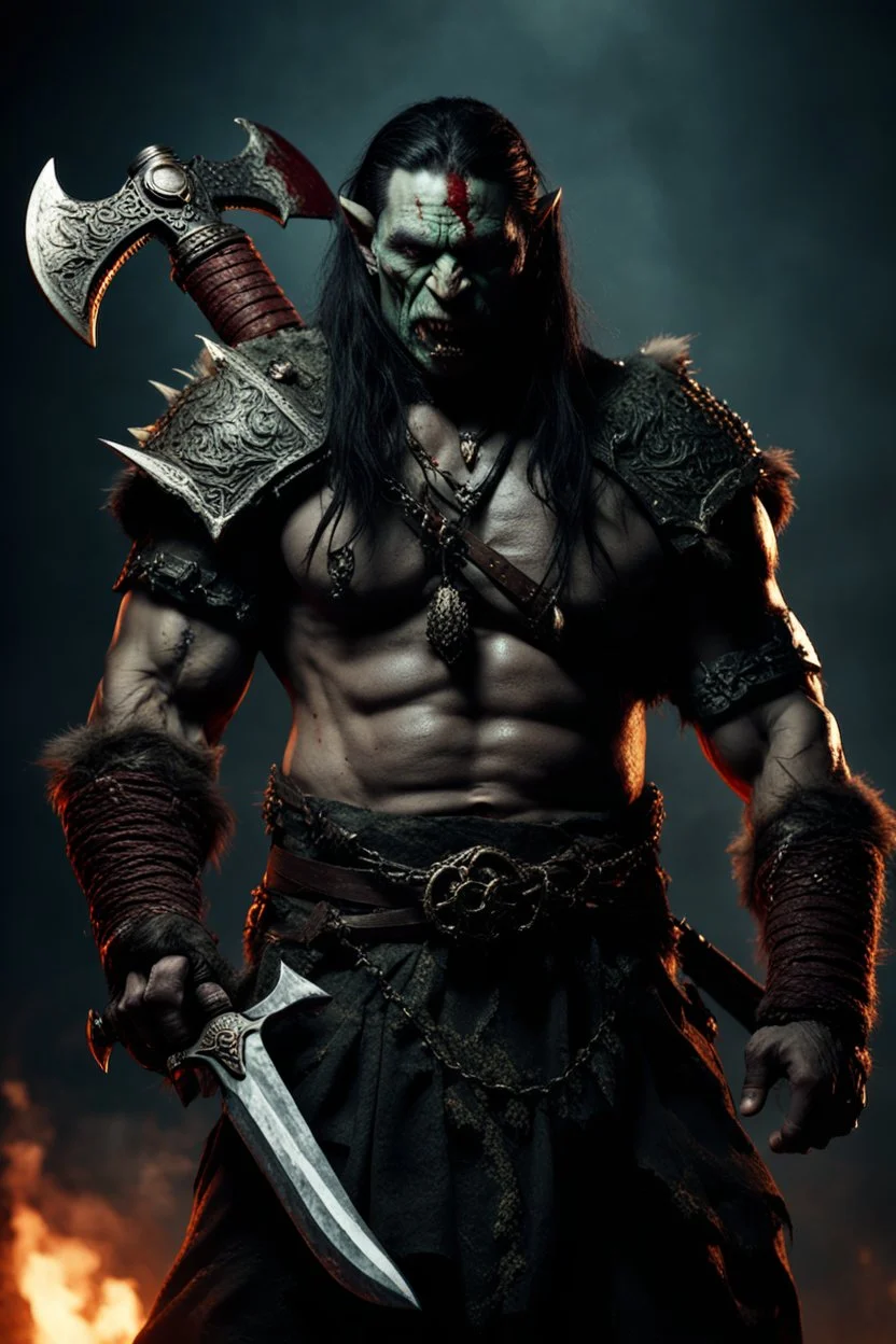 portrait of an orc warrior. Blood on his chest. Dark long braided hair. wearing jewellery. Carrying a battleaxe. High resolution. 4K. 8K. Dark Fantasy style.