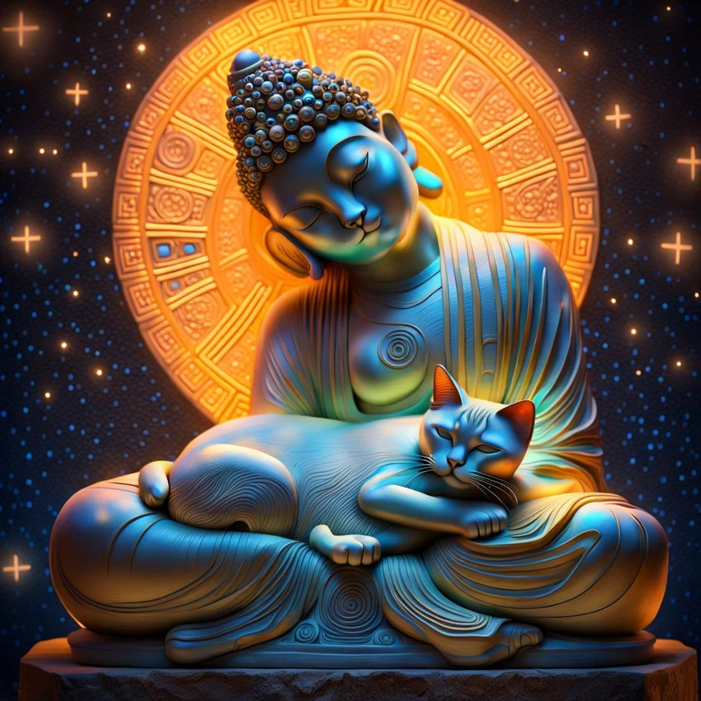 the style of Gustave Klimt, a Siamese cat sleeping in the lap of a sitting stone statue of a Buddha, completely relaxed. Modifiers: elegant dof photorealistic beautiful dynamic lighting 4K 3D cinematic postprocessing acrylic art focused stars neon glowi
