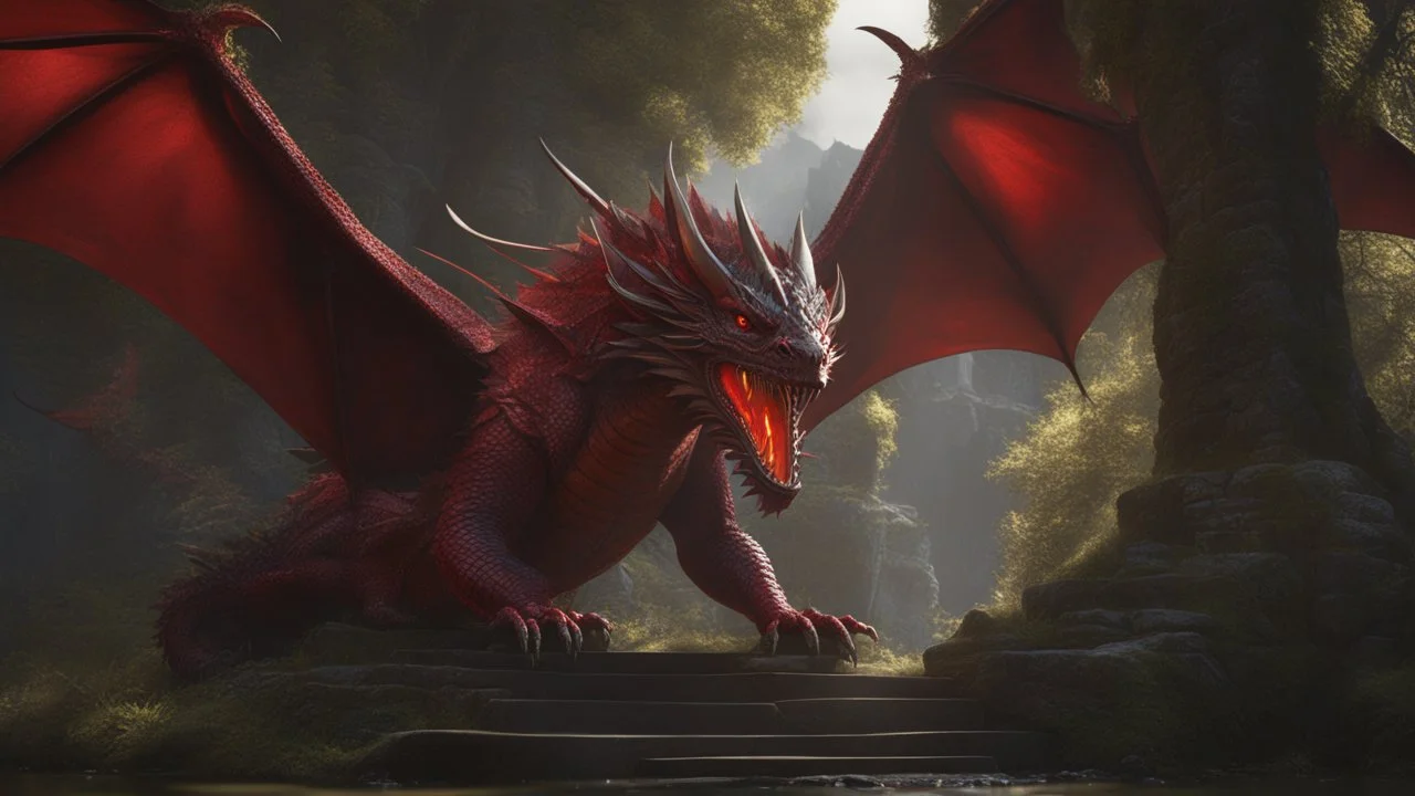 Morgan, the red dragon. detailed matte painting, deep color, fantastical, intricate detail, splash screen, complementary colors, fantasy concept art, 8k resolution trending on Artstation Unreal Engine 5