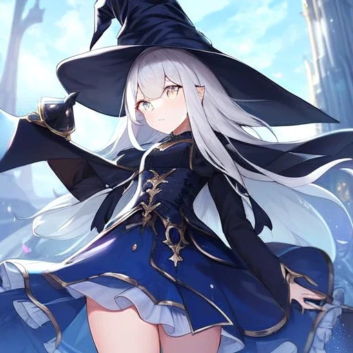 Clear focus, High resolution, medium length hair, white cyan hair, cyan eyes, wearing a witch uniform, Sighing, wearing a medium skirt