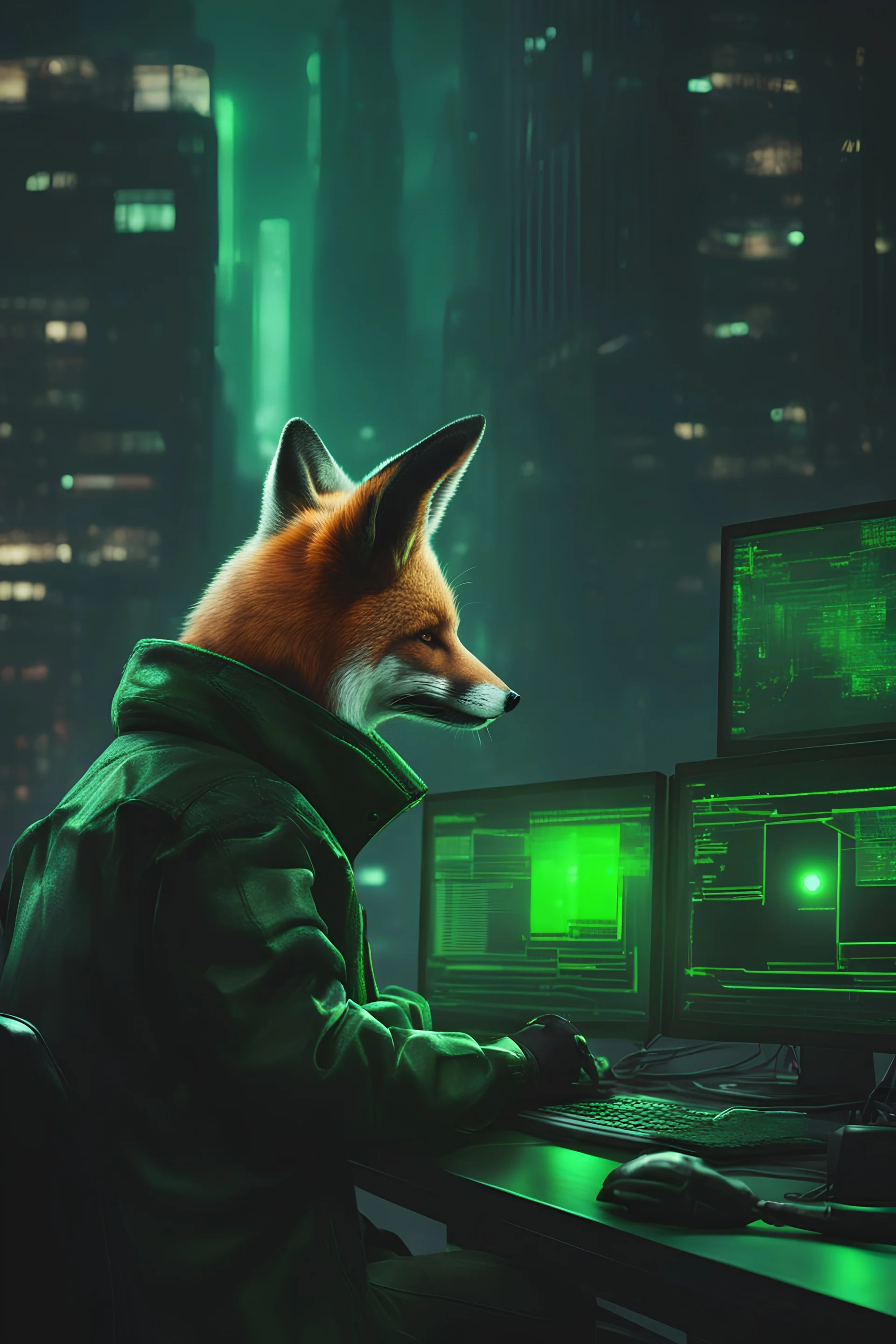 realistic fox Hacker using a server computer green light in cyberpunk scenario green lights without glasses in the top of building