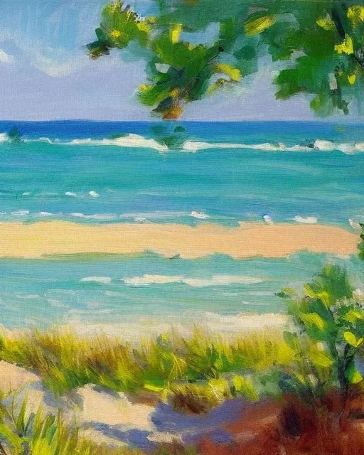 Impressionist painting of a summer day at the beach looking out at the ocean