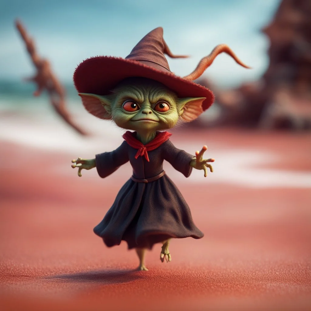 gremlin flying bromstick female witch on a red sand beach ,bokeh like f/0.8, tilt-shift lens 8k, high detail, smooth render, down-light, unreal engine