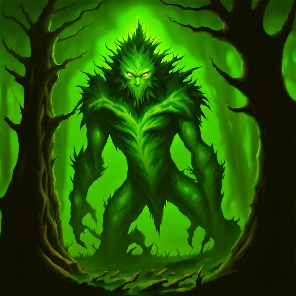 90's TCG art retro fantasy art of heroic tree creature with glowing green eyes