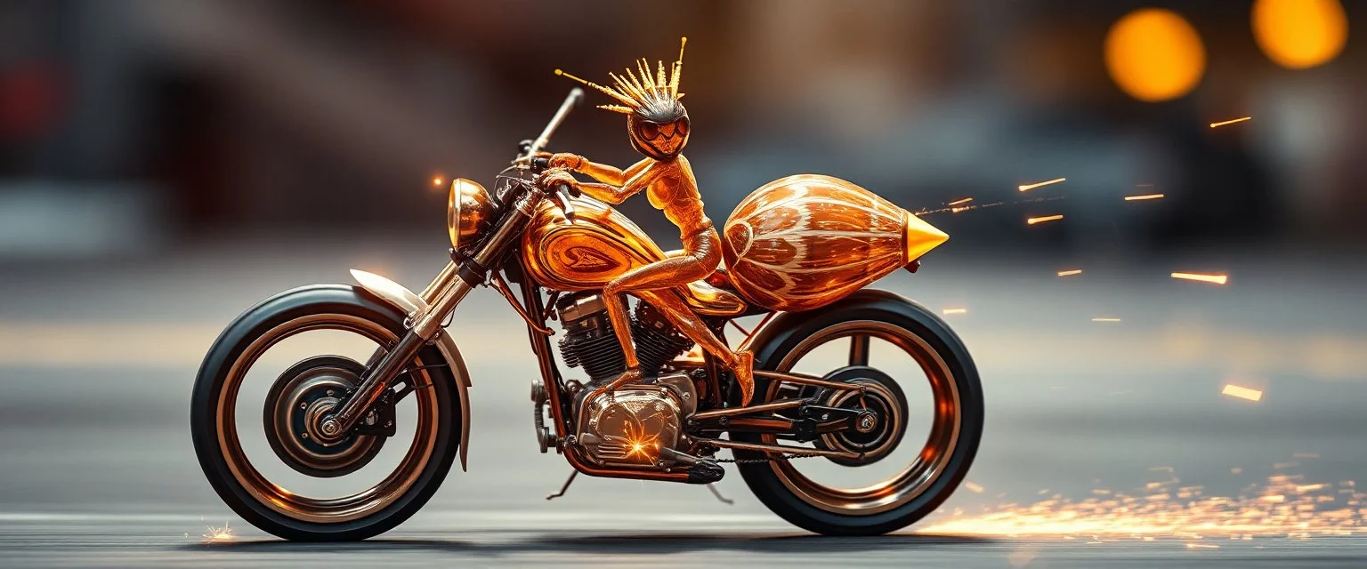 sparks blazing, seen from back wheel , tattoo style, motion blur, airbrush art, transparent giger ant with spiked helmet riding hands on an awesome roadster bike with ornate broad wheels, spaceship in copper, fast one in the shape of a transparent snail , now its gonna do an awesome gig , bokeh like f/0.8, tilt-shift lens 8k, high detail, smooth render, down-light, unreal engine, prize winning