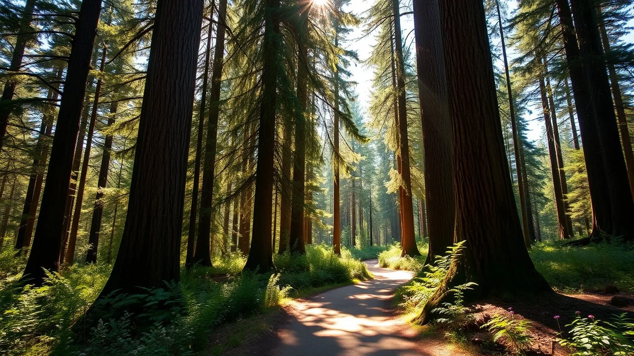 A sunlit forest path winding through tall, ancient trees with sunlight filtering through the leaves, casting dappled shadows on the forest floor. The path is lined with wildflowers and ferns, and the air is filled with the scent of pine and earth. Calm serene atmosphere, gentle fantasy, beautiful magic. Award-winning photograph, exquisite realism.