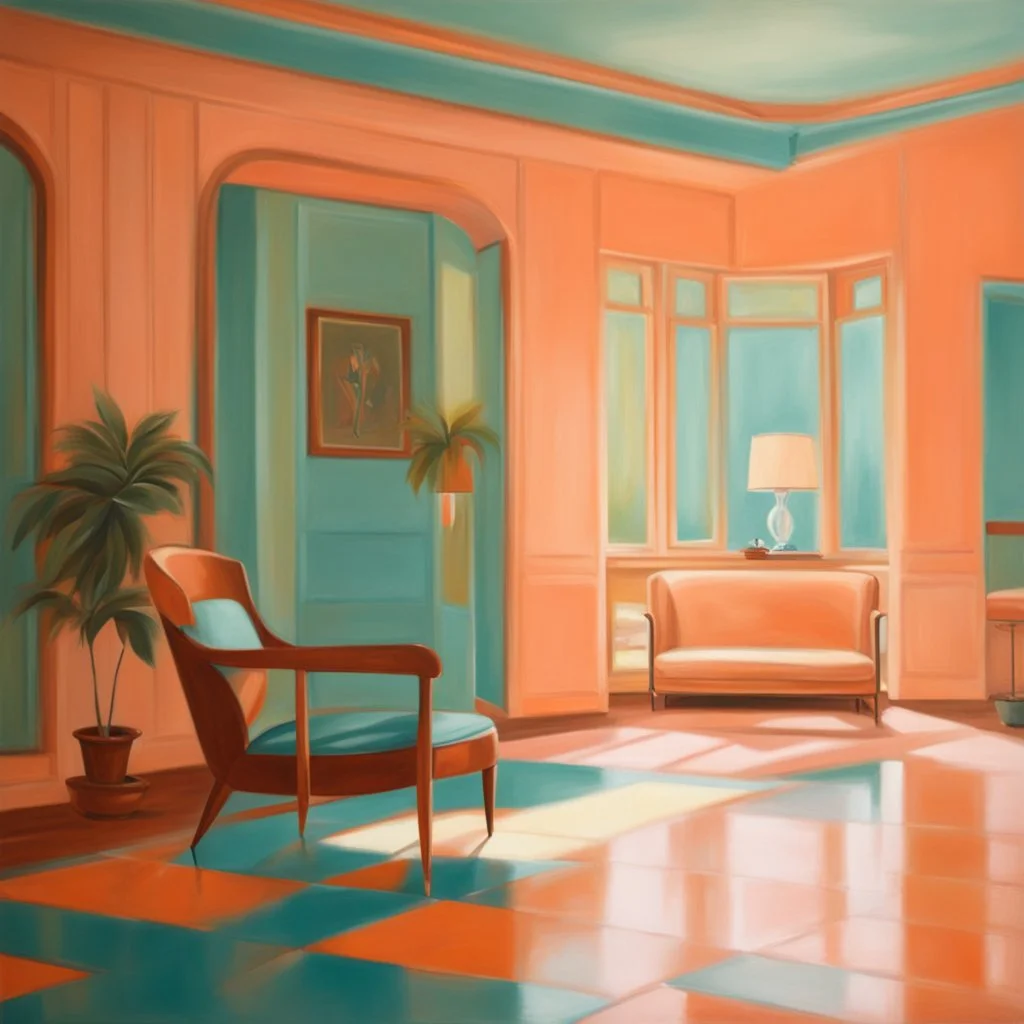 realistic oil painting of 1950s architecture interior house, art deco furniture visible. peach orange and cyan interior