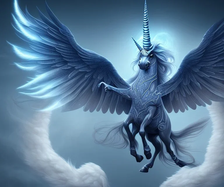 unicorn with glowing wings, shadow, surreal fantasy art, highly detailed, intricate patterns on wings, soft studio lighting, smooth dark blue background 64k