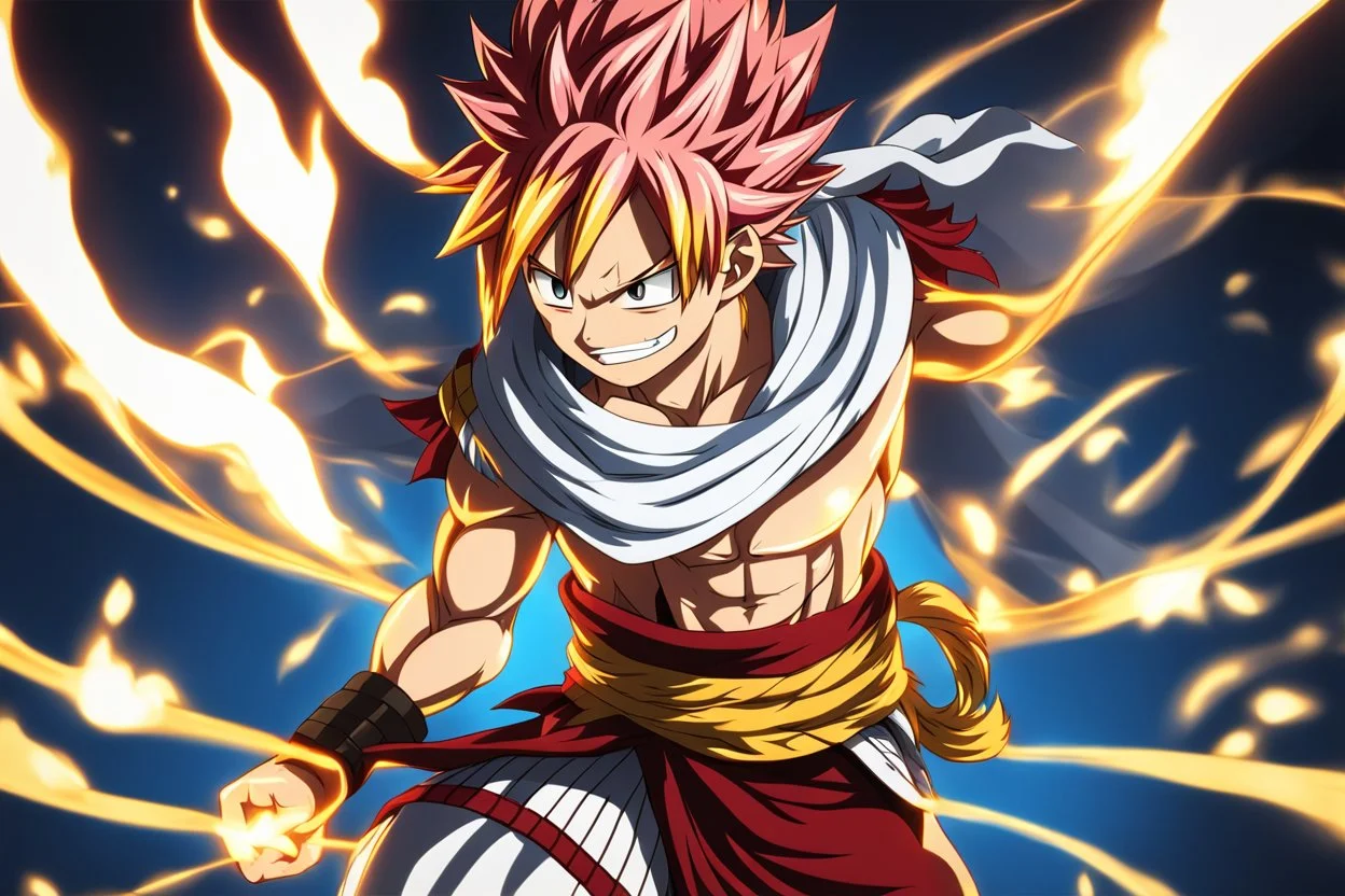 Natsu in 8k 2D fairy tail drawing style, fairy tail costum, close picture, fire, fantasy, neon, highly detailed, high details, detailed portrait, masterpiece,ultra detailed, ultra quality