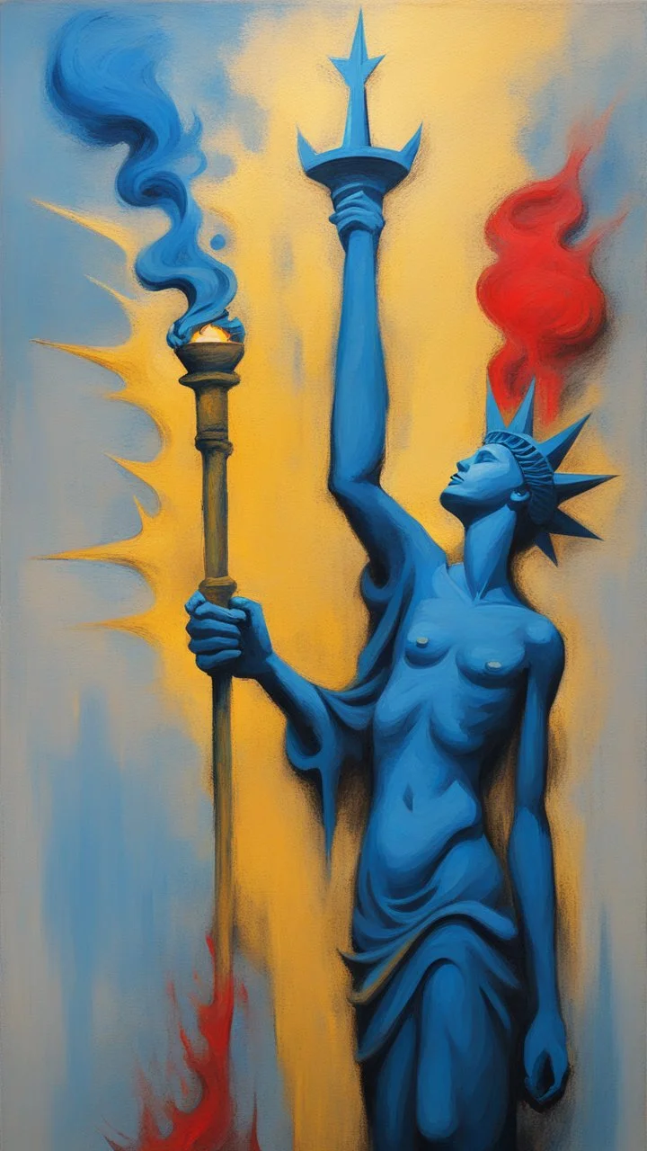 a tough oil brush blue and yellow abstract on rough canvas make a surreal figure of a tall and thin sculpture holding the torch of Liberty with red flame