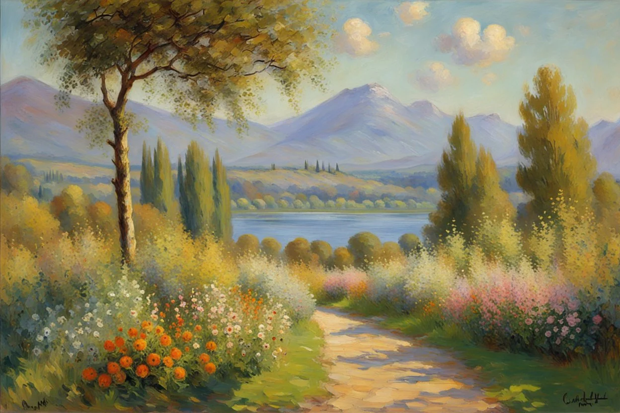 Sunny day, mountains, river, distant house, flowers, trees, claude monet and friedrich eckenfelder impressionism paintings