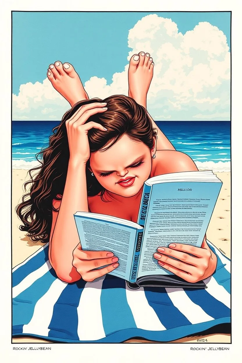 beautiful woman on her stomach, face towards viewer, elbows on beach towel, feet upward, while reading a book, lowbrow silkscreen poster by artist Rockin' Jellybean