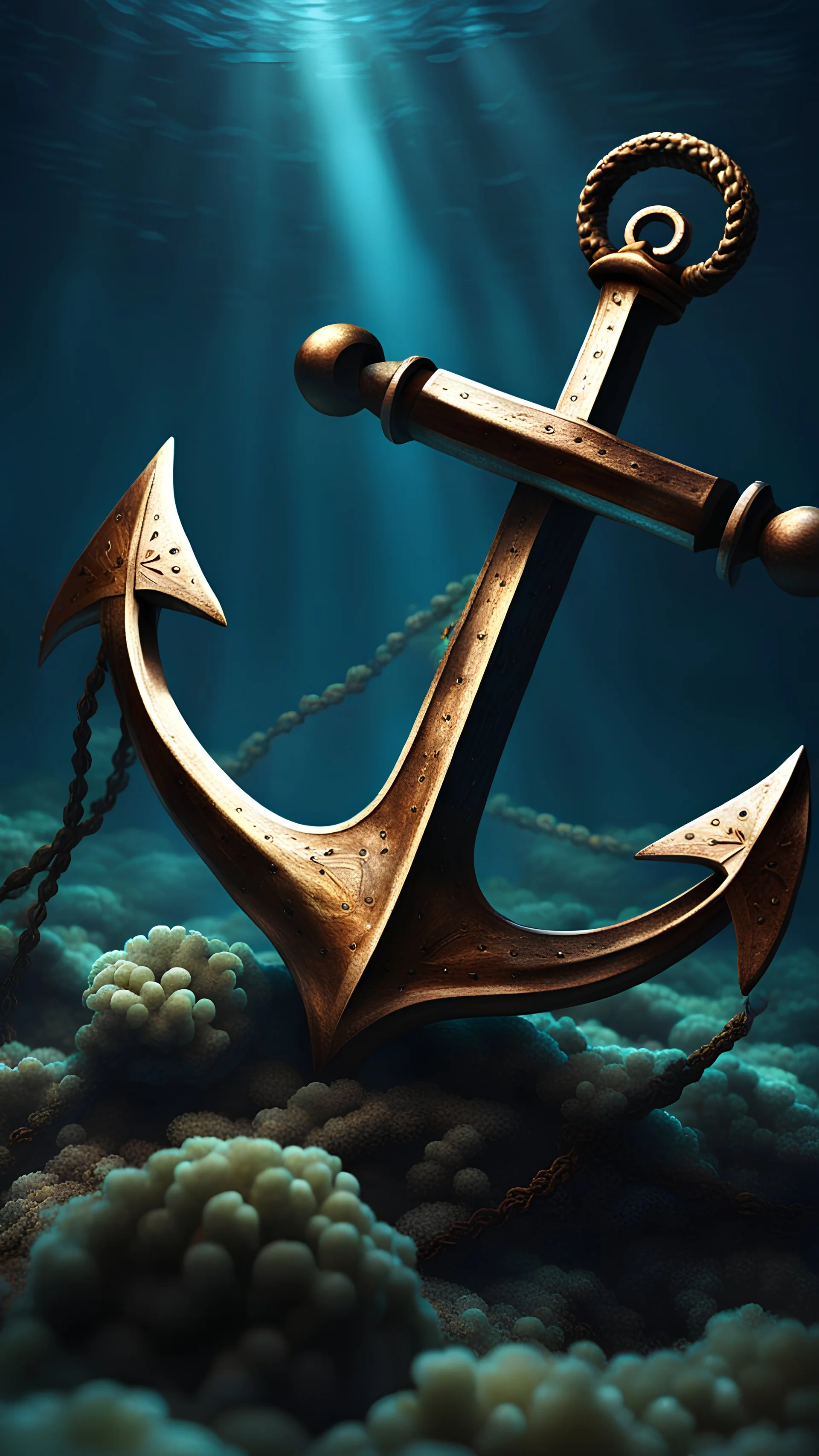 An anchor lost for centuries in the oceans depths, best quality, digital painting, 4k, sharp focus, intricate texture, skin imperfections, blank background. , interactive novel style,bokeh, professional photography, Your Name, highly detailed, clear lighting,