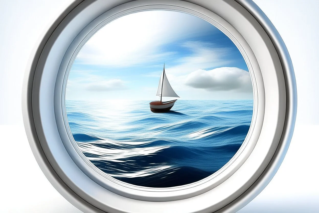 white,background,looking,through,a 3-d, hole,or,window,,a,seeing into an,ocean,with,sailing,boat