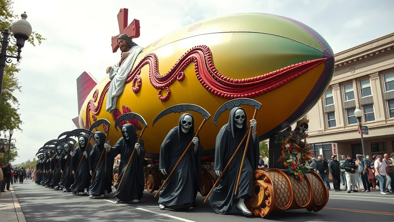 cartoonish jesus parade blimp hybrid , pulled by multiple grim reapers, multi colored, bright, vivid, psychedelic, high detailed, high gloss, insanely detailed, matte, horrorcore, lining the street, unsettling contrast, monument to death, live action shot grim reaper parade, pulling a jesus parade float