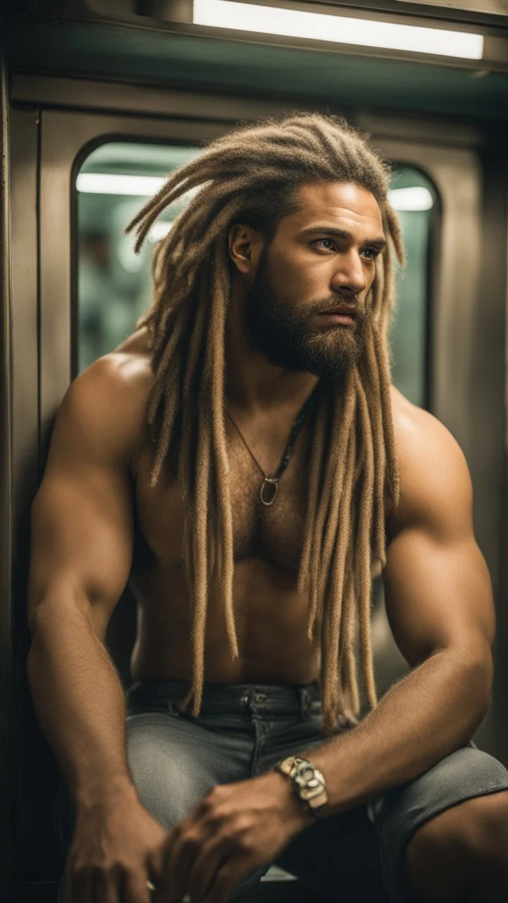 full figure photography of an ugly dirty gipsy burly muscular slim strong man 31 years old with raided beard, dreadlocks, manly chest, hairy , ajar mouth, photorealistic ,shirtless, bulging shorts, side light, inside a crowded subway station , neon lights