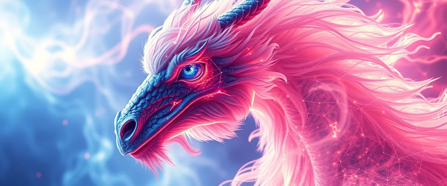 close up portrait of a plasma vampire flickers like hypnotic fire in geometric shapes like a dna swirl of time and a fearsome fluffy dragon horse