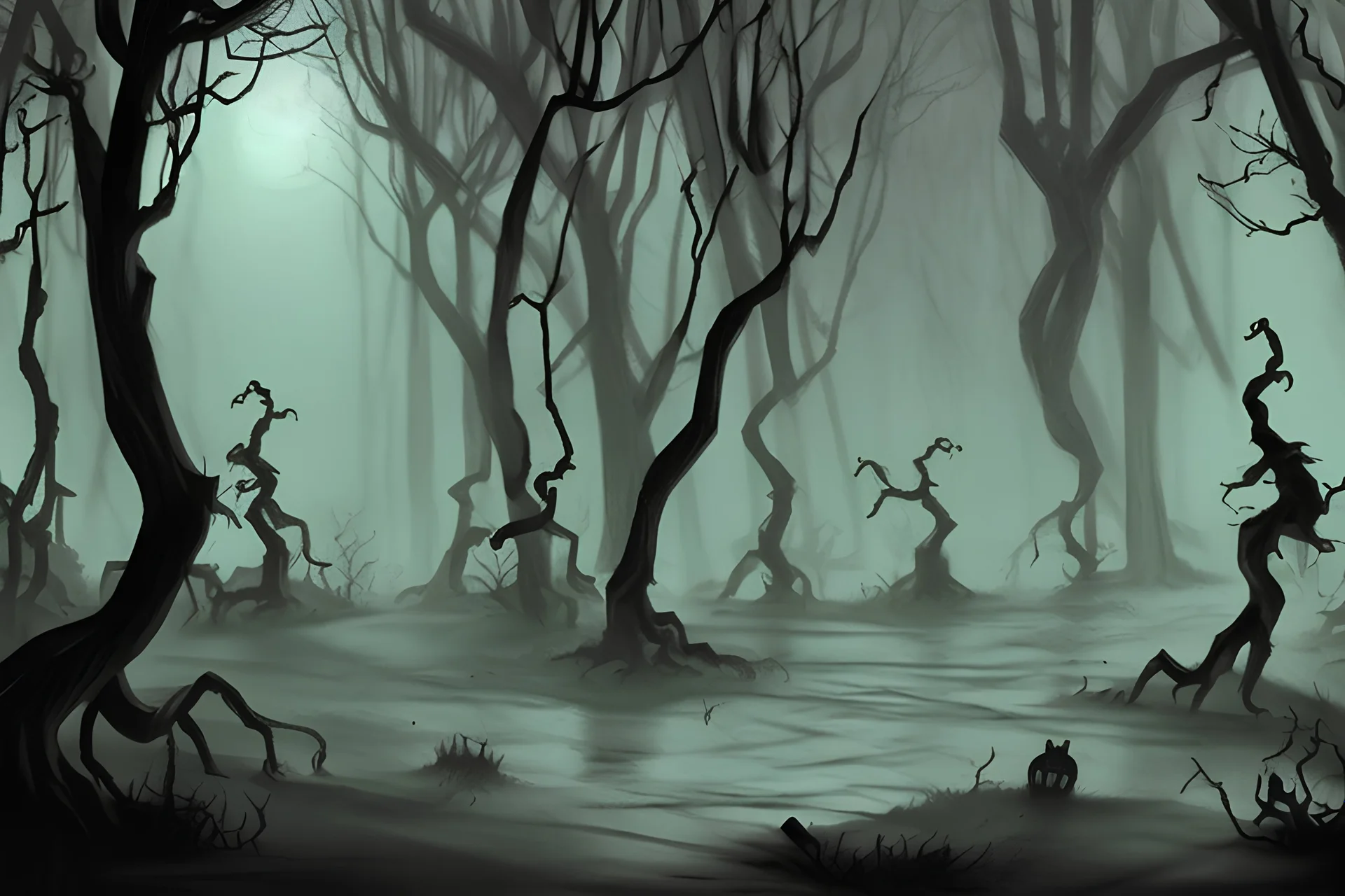 Spooky scary terrifying ghosts in a dark forest