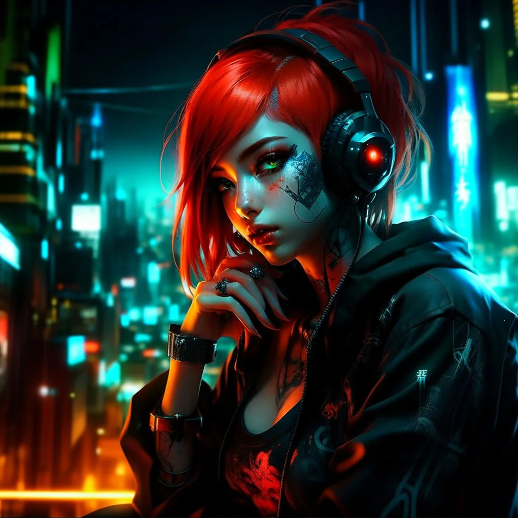 Darksynth,horror,Judy Alvarez,anime cyberpunk girl, eye shadows, arasuka, cyberpunk night city, piercing, gang tatto, red hair