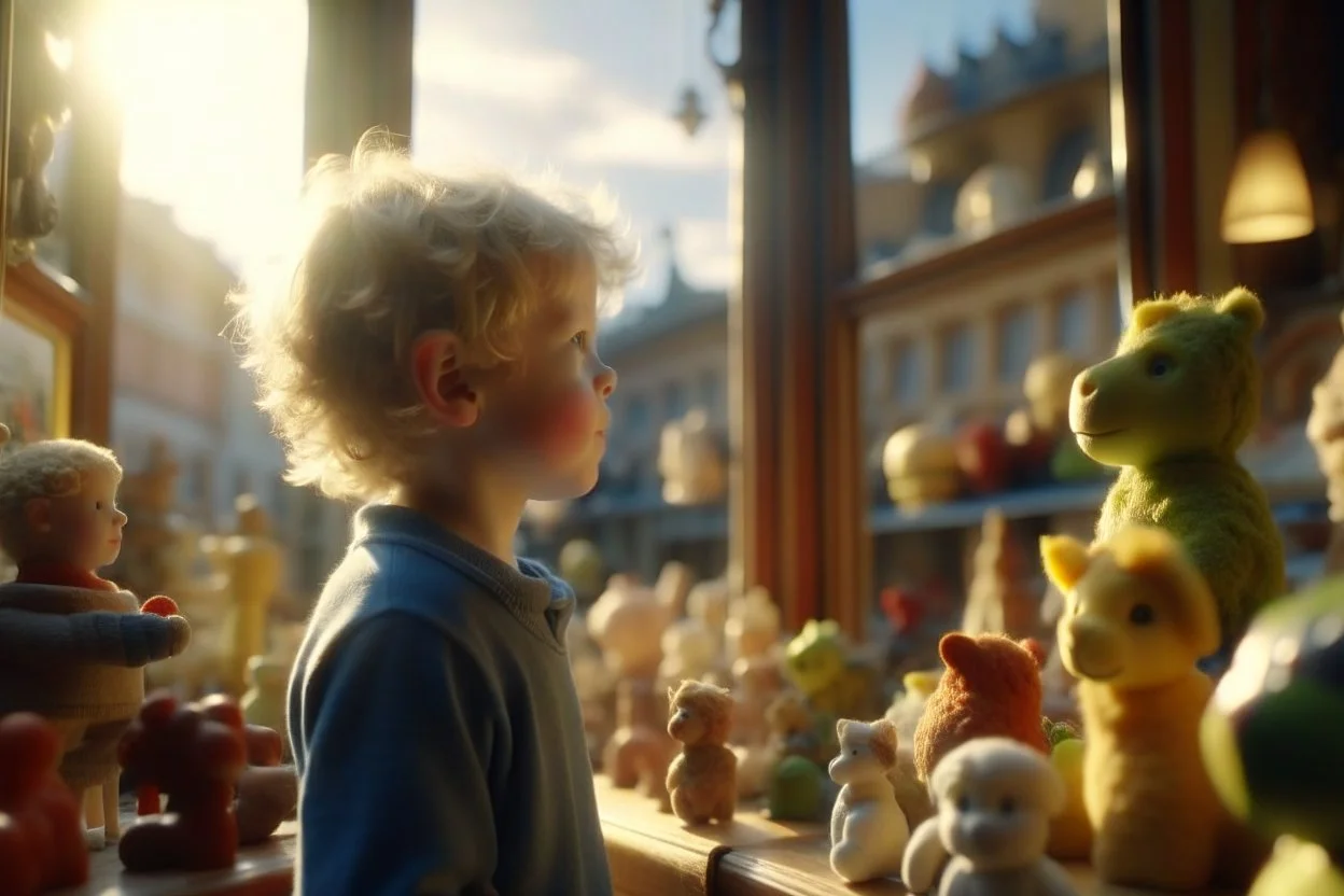 a little boy with curly blond hair is standing with his back to us, looking at toys (stuffed animals, building blocks, trains, legos, rocking horses) in a toy shop window Nikon D850 digital painting fantasy 4k very attractive fantastic view ultra detailed 4K 3D cinematic postprocessing in sunshine