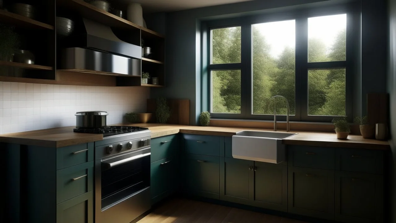 kitchen with dark blue, forest green on the left side by the window from the bottom up, a microwave and an oven installed in the furniture, and on the right side and next to it an induction hob and a cooker hood above it, on the right side there is a sink and a dishwasher underneath it