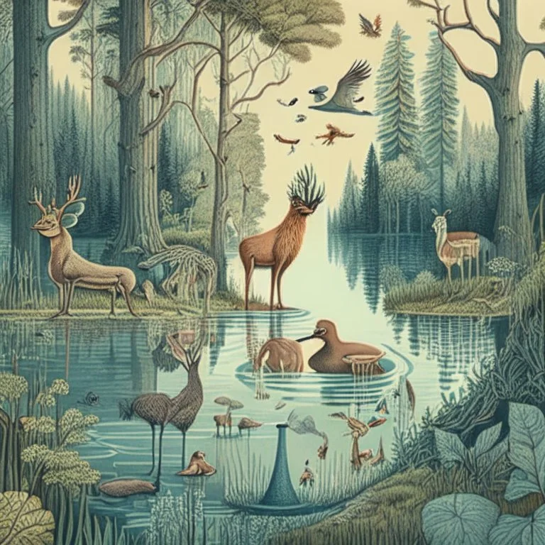 A detailed illustration with forest animals at the egde of a forest drinking from a lake.