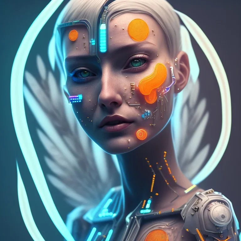 A beautiful portrait of a cute cyberpunk woman happy, grain on the skin, tribal tatoos, orange color scheme, high key lighting, volumetric light high details with white stripes and feathers full length clean art NFT, soft lighting, soft pastel gradients, high definition, blender 3d cinematic, op art, visionary art, sacred geometry, fractal, white balanced