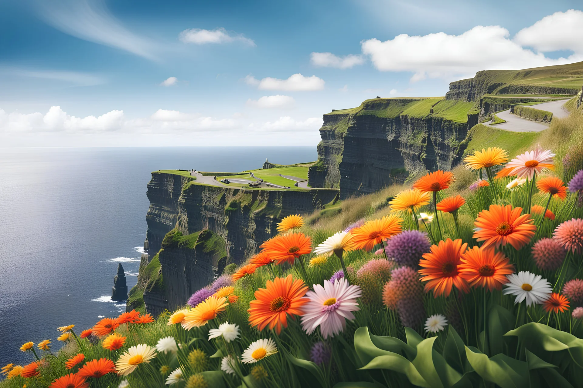 realistic cliffs of moher blue sky panoramick view flowers