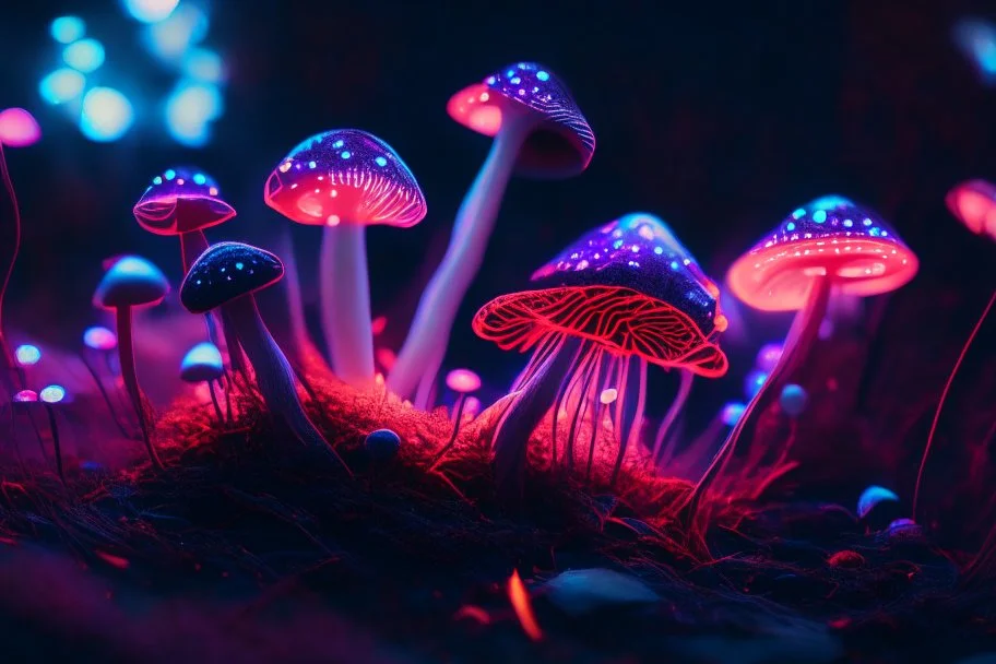 : red and purple bioluminescent Ecplorations shrooms planted in a small thicket of grass, LSD, psychedelic, macro shot, tilt-shift, depth of field, photorealistic, hyper-realistic, glowing light, dark