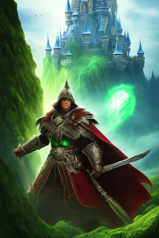 Powerful wizard using green magic, wearing dark cloak, fighting big stone monster, castle on mountains in background