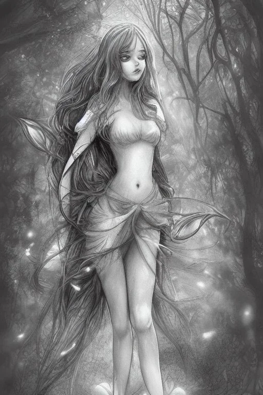 Forest, fairy walking, frontal, model style, hyper realistic, accurate, delicate, extremely detailed, Graphic novel style, wide-angle, front view, open aperture, superfine pencil