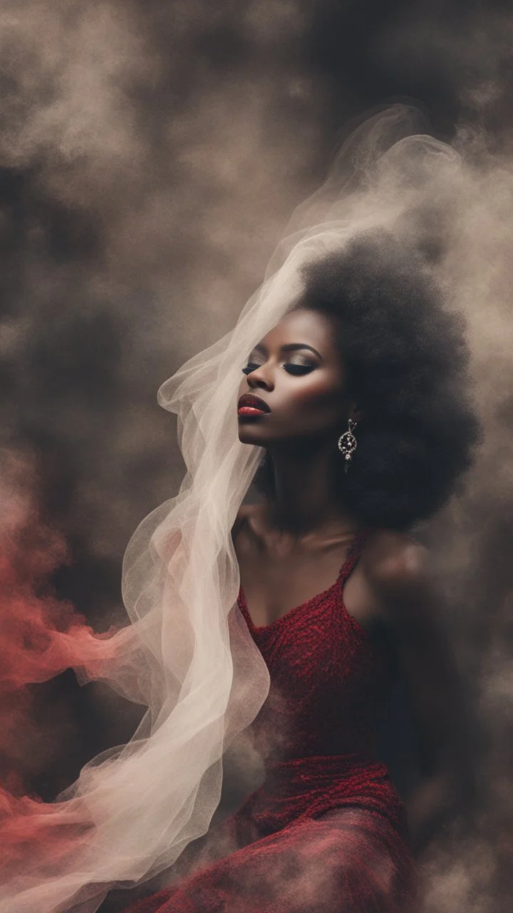 beautiful black women in red Smokey ethereal, heavenly background