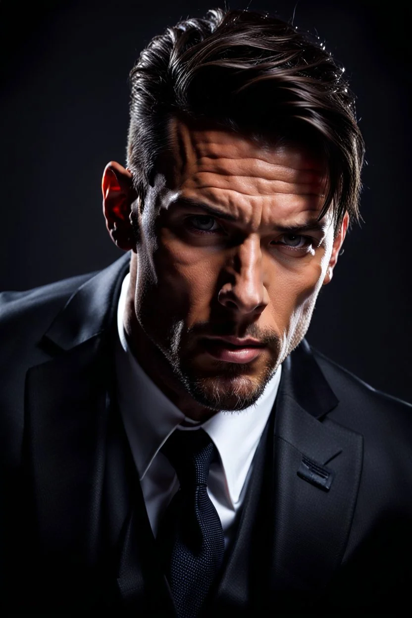 portrait of a 35 year old Handsome, rugged and muscular male leader with lightly tanned skin and tattoos. Dark hair cut short and a goatee beard. wearing a three piece suit. photorealistic