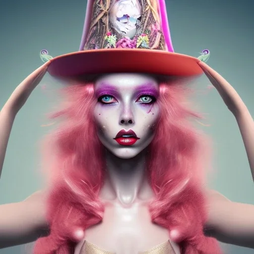 Beautiful pink witch made of fire with red eyes. Long curly wild pastel pink hair. Pink and red eyeshadow. Red lipstick. Freckles. Big pink witch hat.