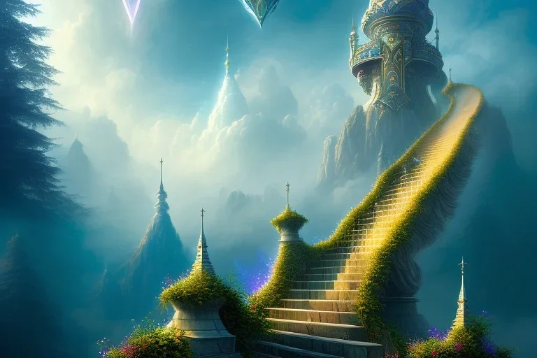 mythical mystical long stairway up to heaven in the sky, otherworldly mist, beautiful colours, fine art, trending on artstation, masterpiece